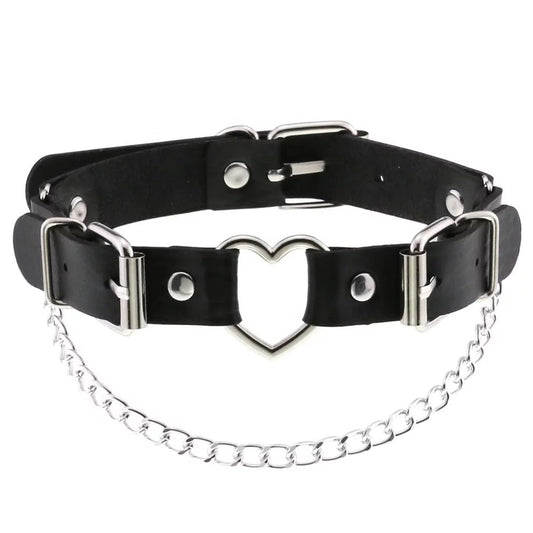 Leather Choker with Small Metal Heart and Chain