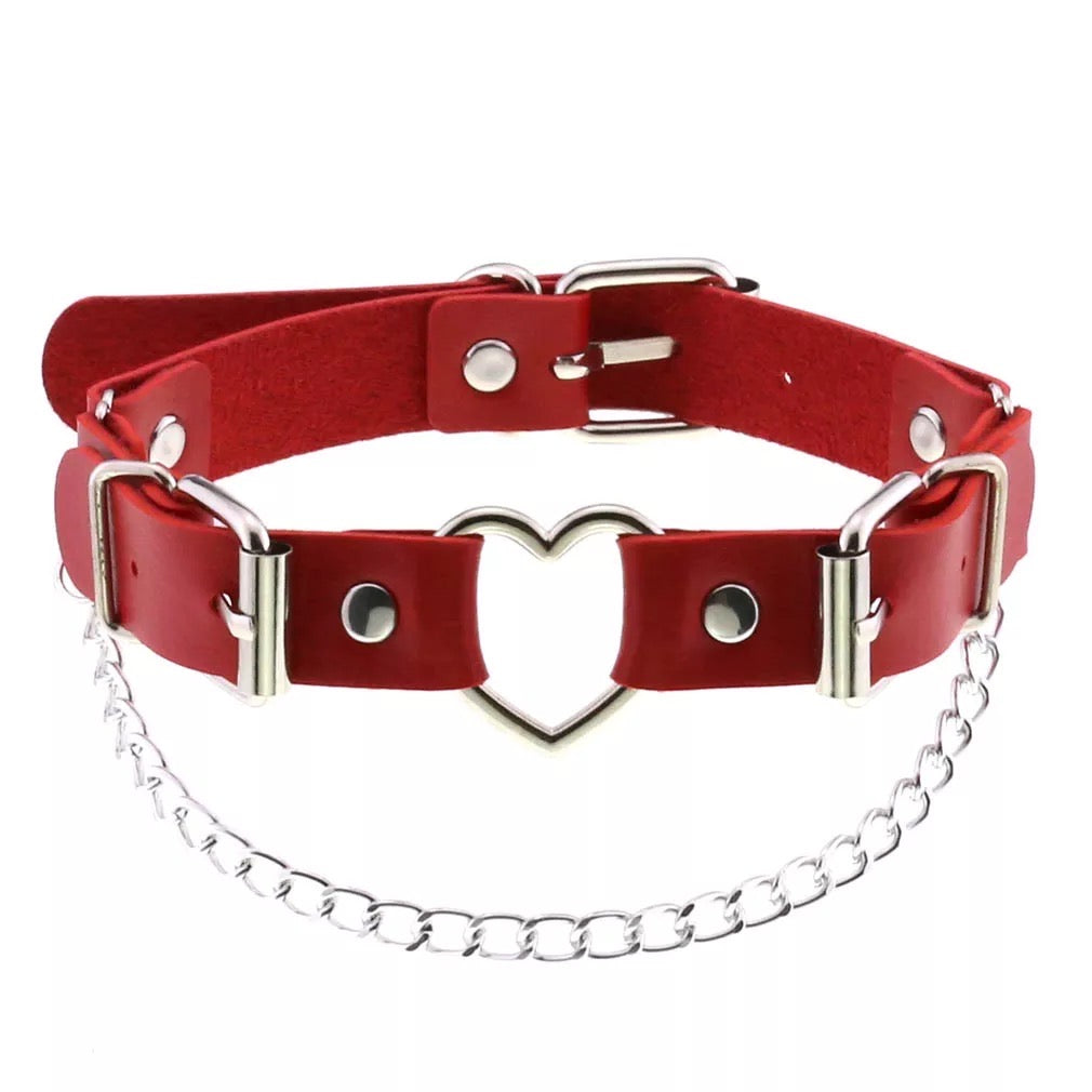 Leather Choker with Small Metal Heart and Chain