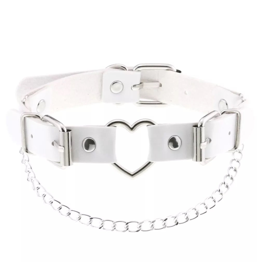 Leather Choker with Small Metal Heart and Chain
