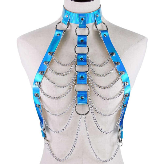 Metallic Faux Leather Cage Body Harness w/ Chains