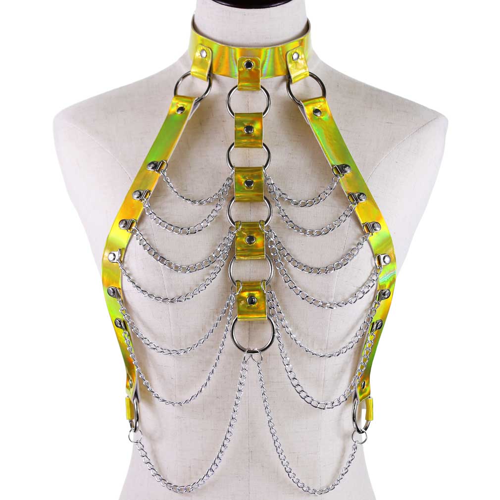Metallic Faux Leather Cage Body Harness w/ Chains
