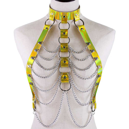 Metallic Faux Leather Cage Body Harness w/ Chains