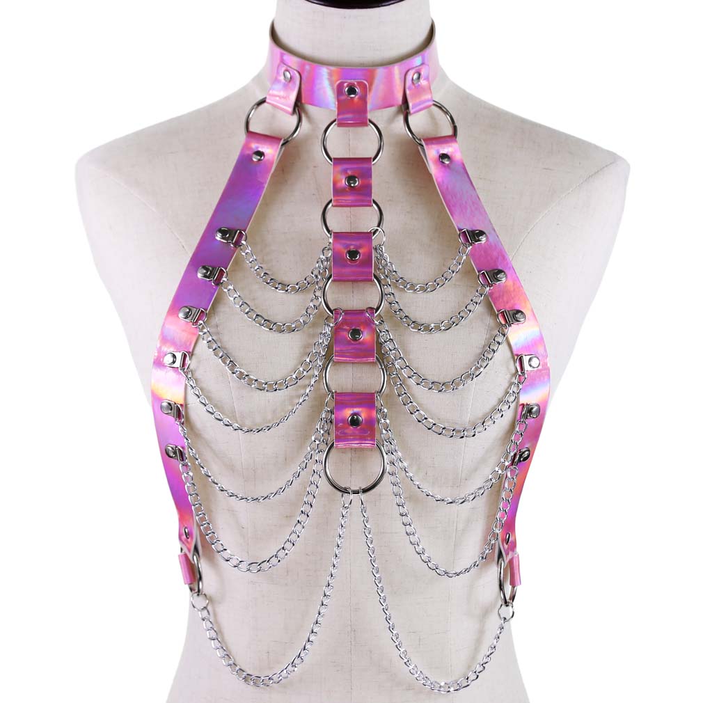 Metallic Faux Leather Cage Body Harness w/ Chains
