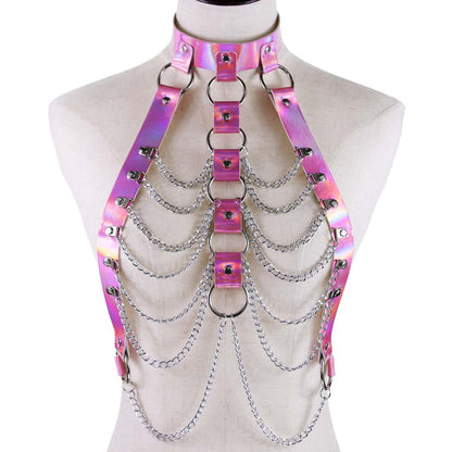 Metallic Faux Leather Cage Body Harness w/ Chains