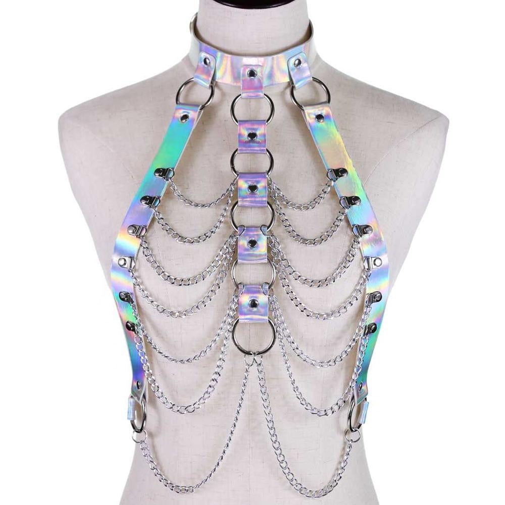 Metallic Faux Leather Cage Body Harness w/ Chains