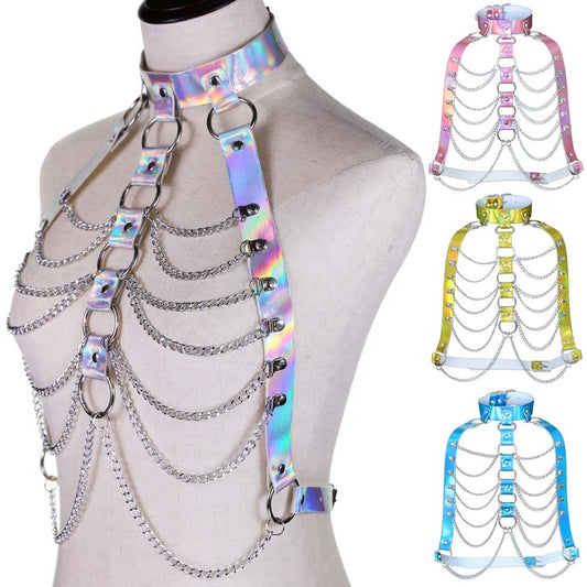 Metallic Faux Leather Cage Body Harness w/ Chains