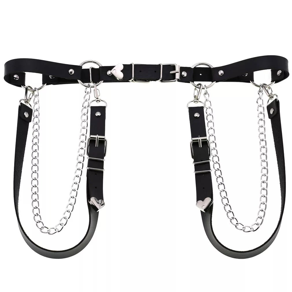 Adjustable Disco Dancing Heart Leather Belt w Chains on the Side