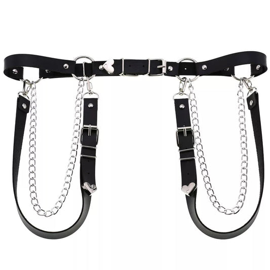 Adjustable Disco Dancing Heart Leather Belt w Chains on the Side