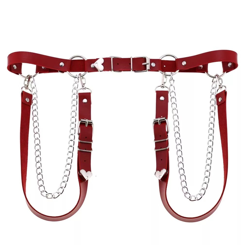 Adjustable Disco Dancing Heart Leather Belt w Chains on the Side