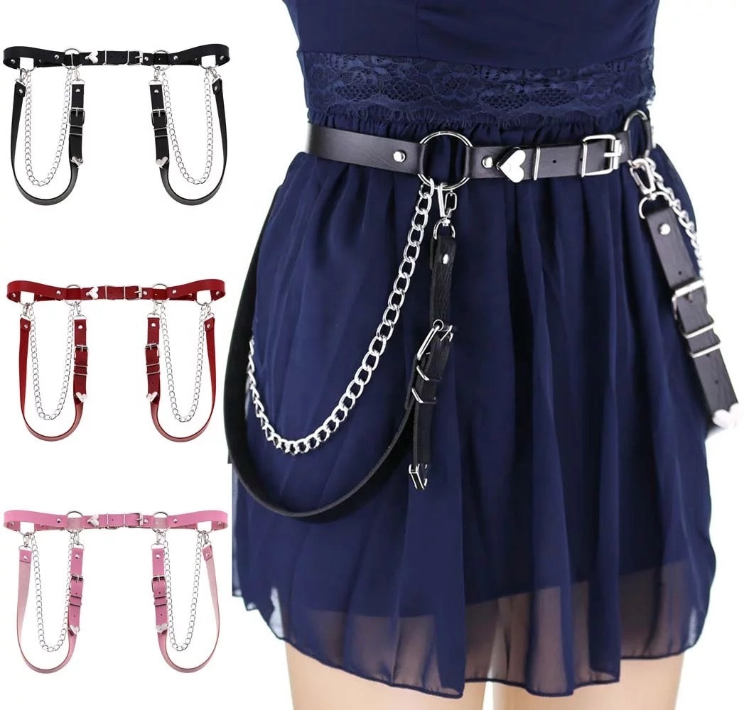 Adjustable Disco Dancing Heart Leather Belt w Chains on the Side