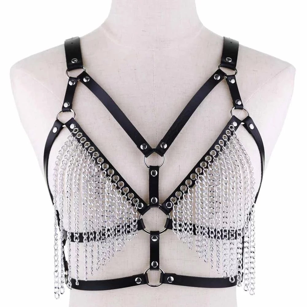 Leather Chest Harness w Chains