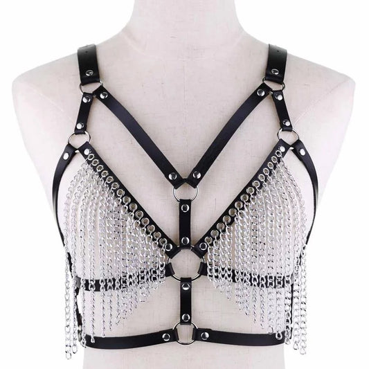 Leather Chest Harness w Chains