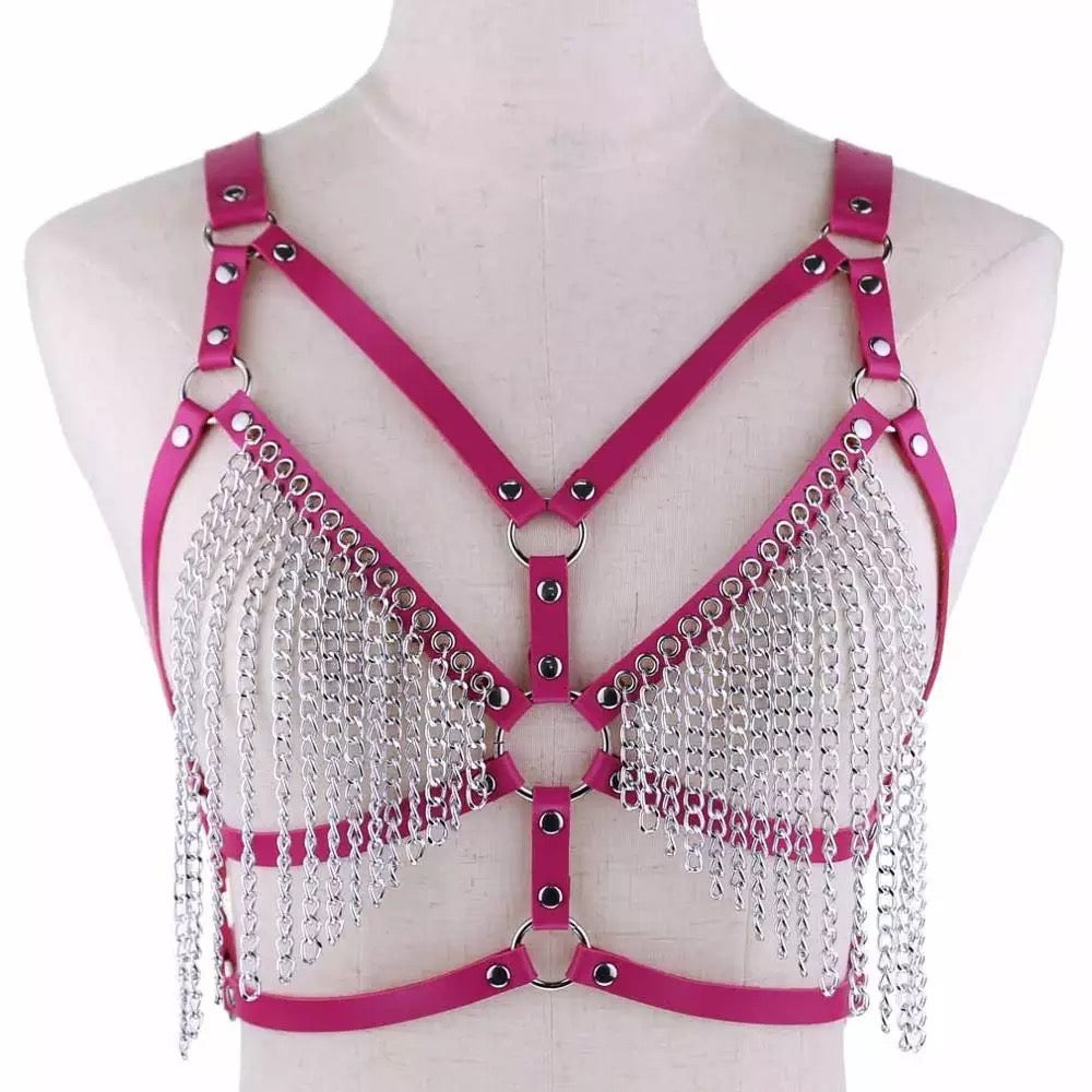 Leather Chest Harness w Chains