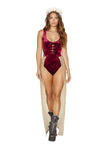 1pc Lace-up Velvet Romper with Attached Sheer Open Front Glitter Skirt