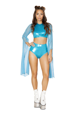 Crop Top with Flared Sheer Sleeves - Turquoise - Electric Wave 