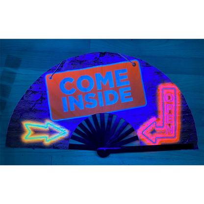 UV Glow rave fan that says come inside