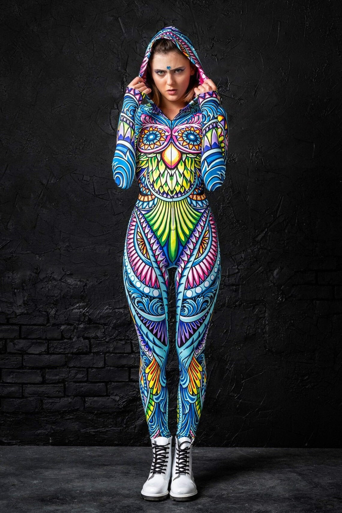 Full body frontal view of the Cyan Birdy Fit Onesie