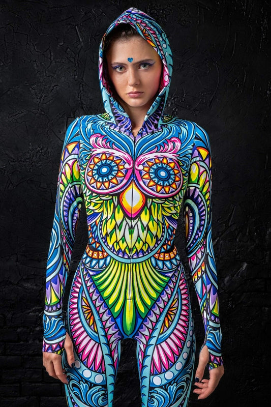 Close up of detail Cyan Birdy Fit Rave Onesie