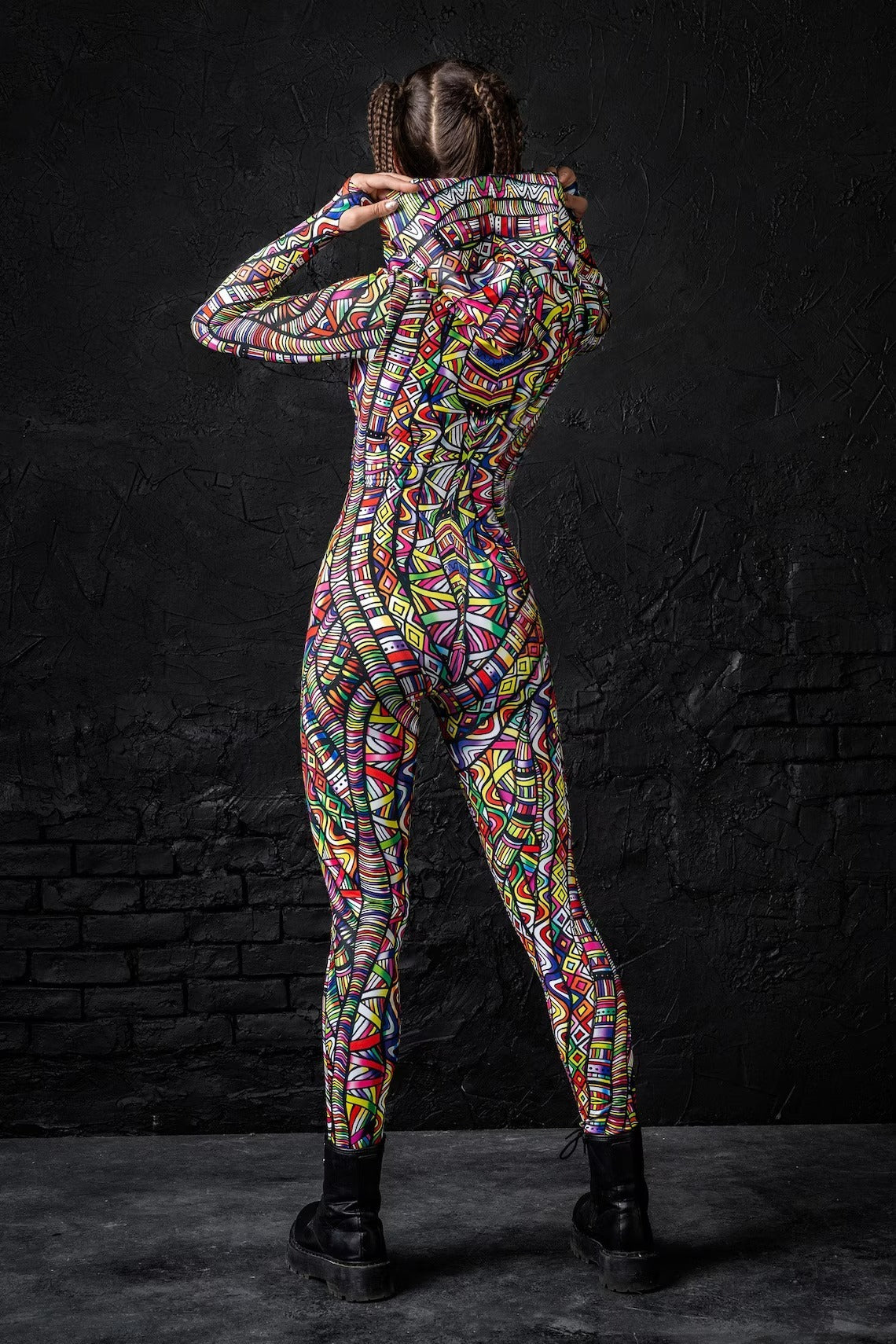 Showing off that booty and back side in the Hippie knot Rave Onesie 