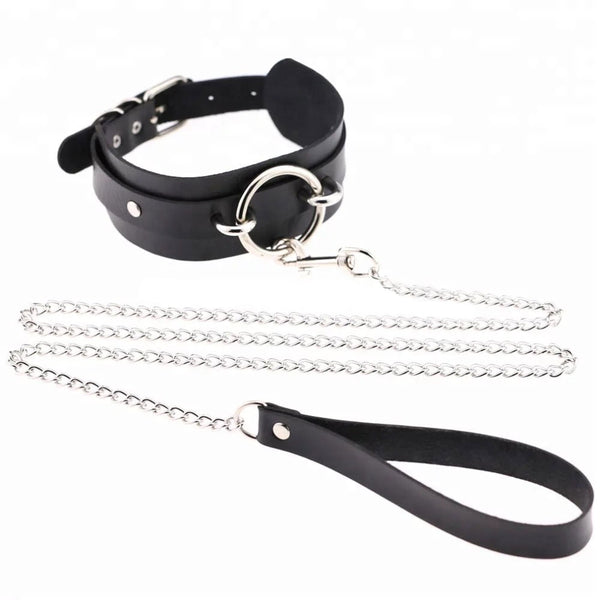 O ring Choker Collar with chain leash Electric Wave