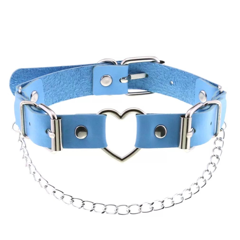 Leather Choker with Small Metal Heart and Chain