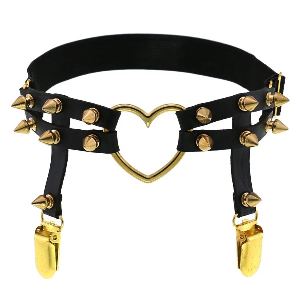 Elastic Punk Leg Garter w/ Silver Spikes & Heart