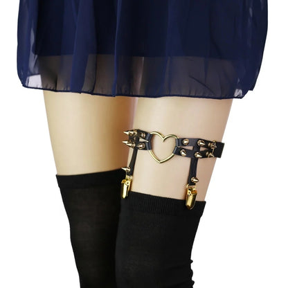 Elastic Punk Leg Garter w/ Silver Spikes & Heart