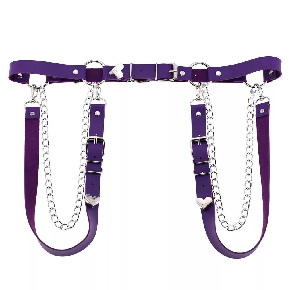 Adjustable Disco Dancing Heart Leather Belt w Chains on the Side
