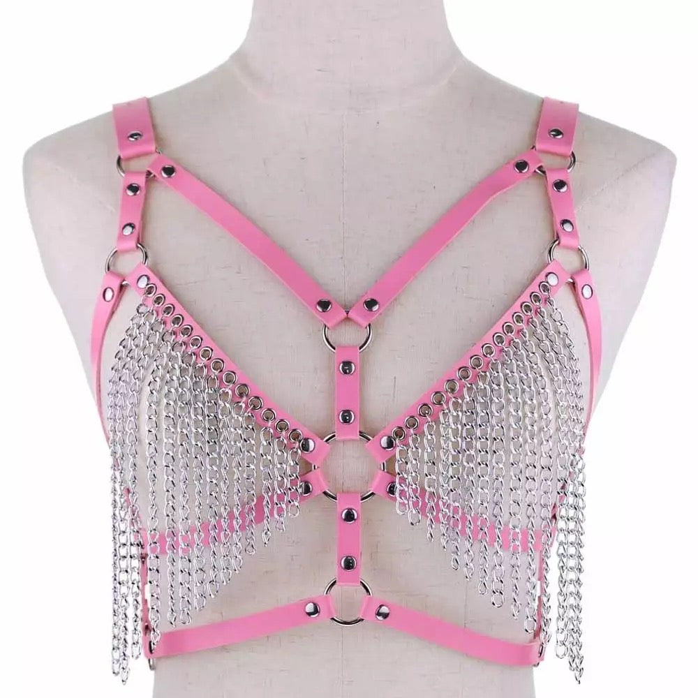 Leather Chest Harness w Chains