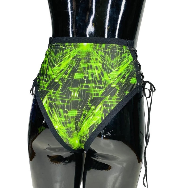 Cyber Grid Side Tie Bottoms - Electric Wave 