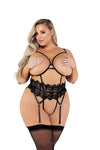 Embroidered Lace Open Cup & Crotchless Gartered Teddy