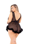 Low Cut Mesh Babydoll with Faux Fur Trim & Satin Tie