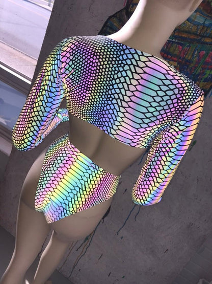SLITHER | REFLECTIVE | Long Sleeve Buckle Top, Women's Festival Top, Rave Top