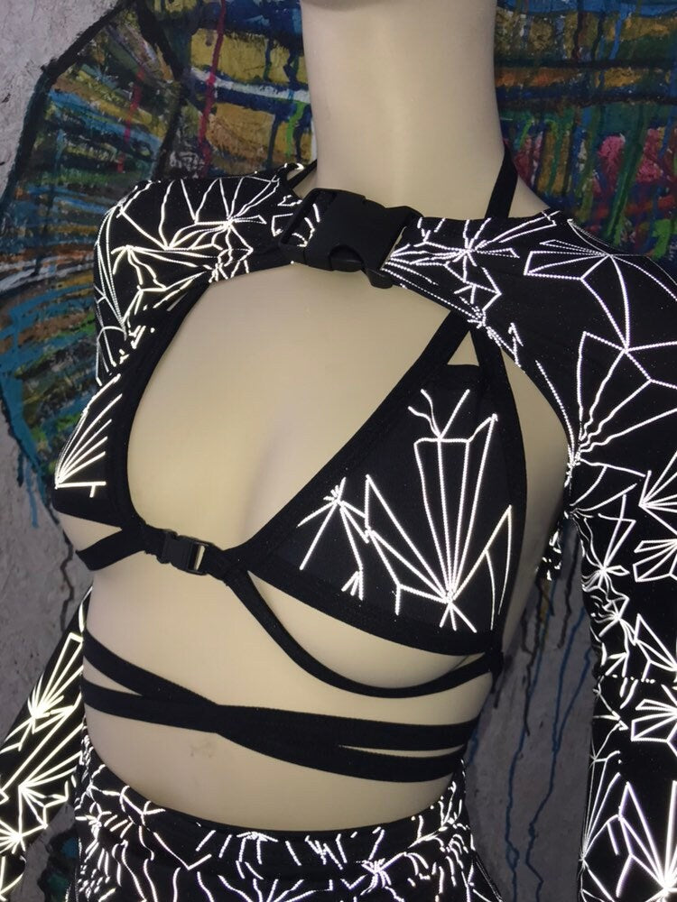 REFRACTION | REFLECTIVE | Long Sleeve Buckle Top Only, Women's Festival Top, Rave Top