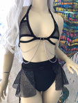BLACK DARK STARR | Chain Cage Top + Black Fishnet Ultra Mini Buckle Skirt, Women's Festival Outfit, Rave Set
