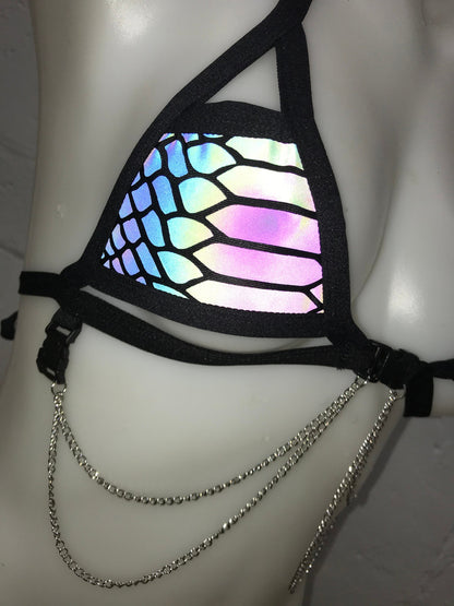 SLITHER | REFLECTIVE | Chain Cage Top + Mini Skirt, Women's Festival Outfit, Rave Set