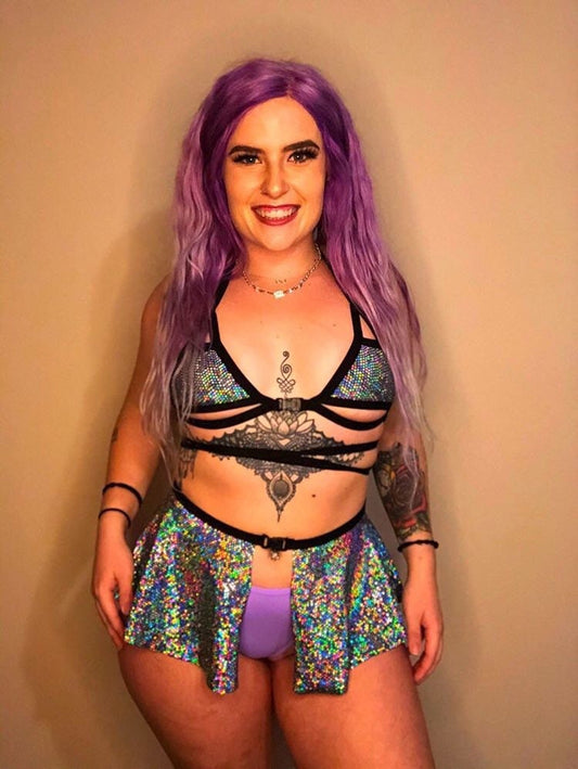 DISCO QUEEN | Cage Top + Ultra Mini Buckle Skirt