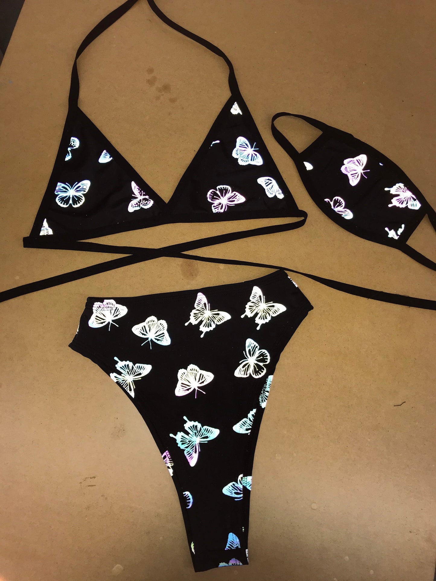 REFLECTIVE BUTTERFLY | Triangle Top + High Waist High Cut Bottoms + Mask, Women's Festival Outfit, Rave Set