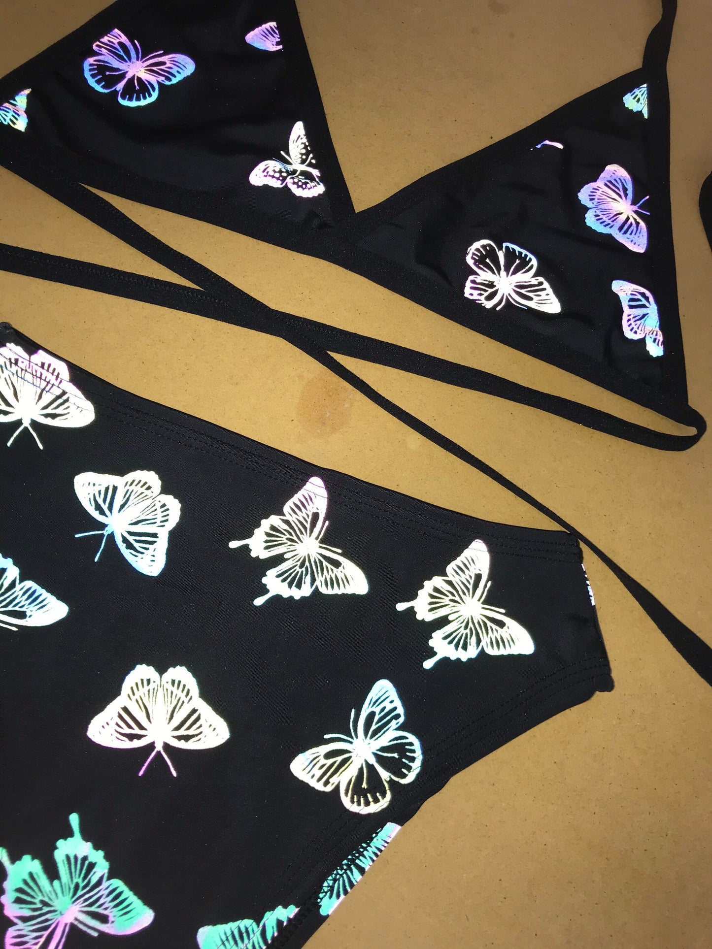 REFLECTIVE BUTTERFLY | Triangle Top + High Waist High Cut Bottoms + Mask, Women's Festival Outfit, Rave Set
