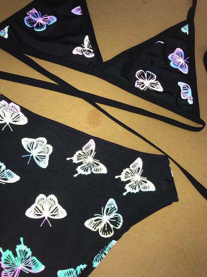 REFLECTIVE BUTTERFLY | Triangle Top + High Waist High Cut Bottoms + Mask, Women's Festival Outfit, Rave Set