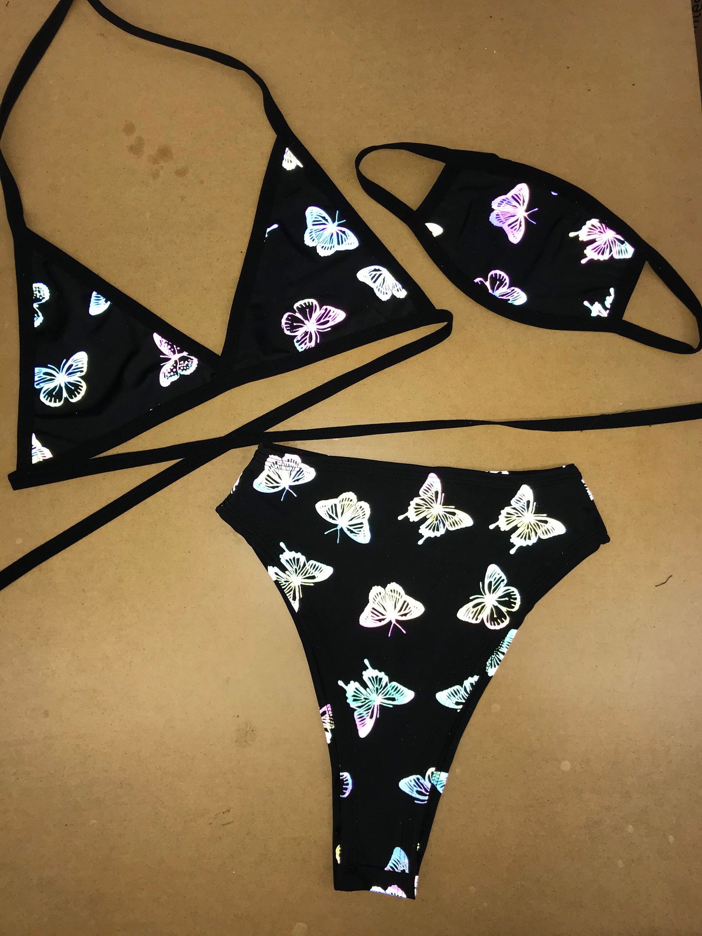 REFLECTIVE BUTTERFLY | Triangle Top + High Waist High Cut Bottoms + Mask, Women's Festival Outfit, Rave Set