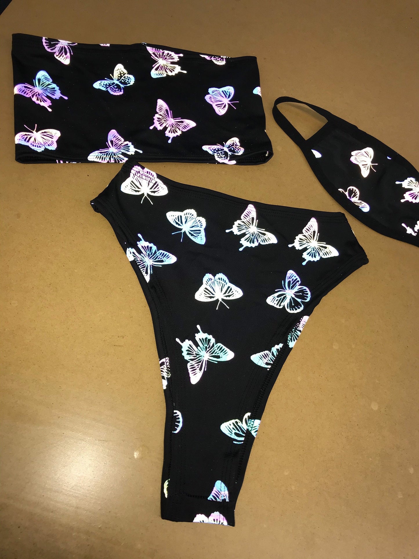 REFLECTIVE BUTTERFLY | Tube Top + High Waisted High Cut Bottoms + Mask, Women's Festival Outfit, Rave Set