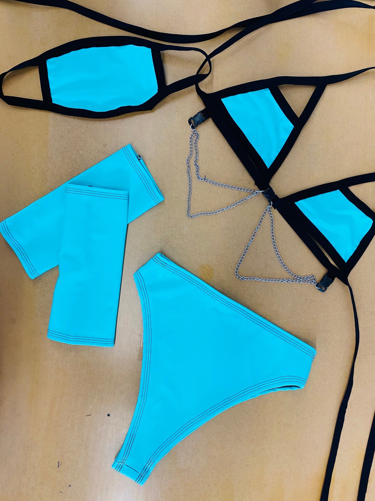 BLUE BASIC B*TCH |  Chain Cage Top + High Waisted High Cut Bottoms + Mask + Gloves, Women's Festival Outfit, Rave Set