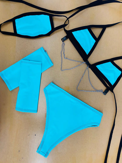 BLUE BASIC B*TCH |  Chain Cage Top + High Waisted High Cut Bottoms + Mask + Gloves, Women's Festival Outfit, Rave Set