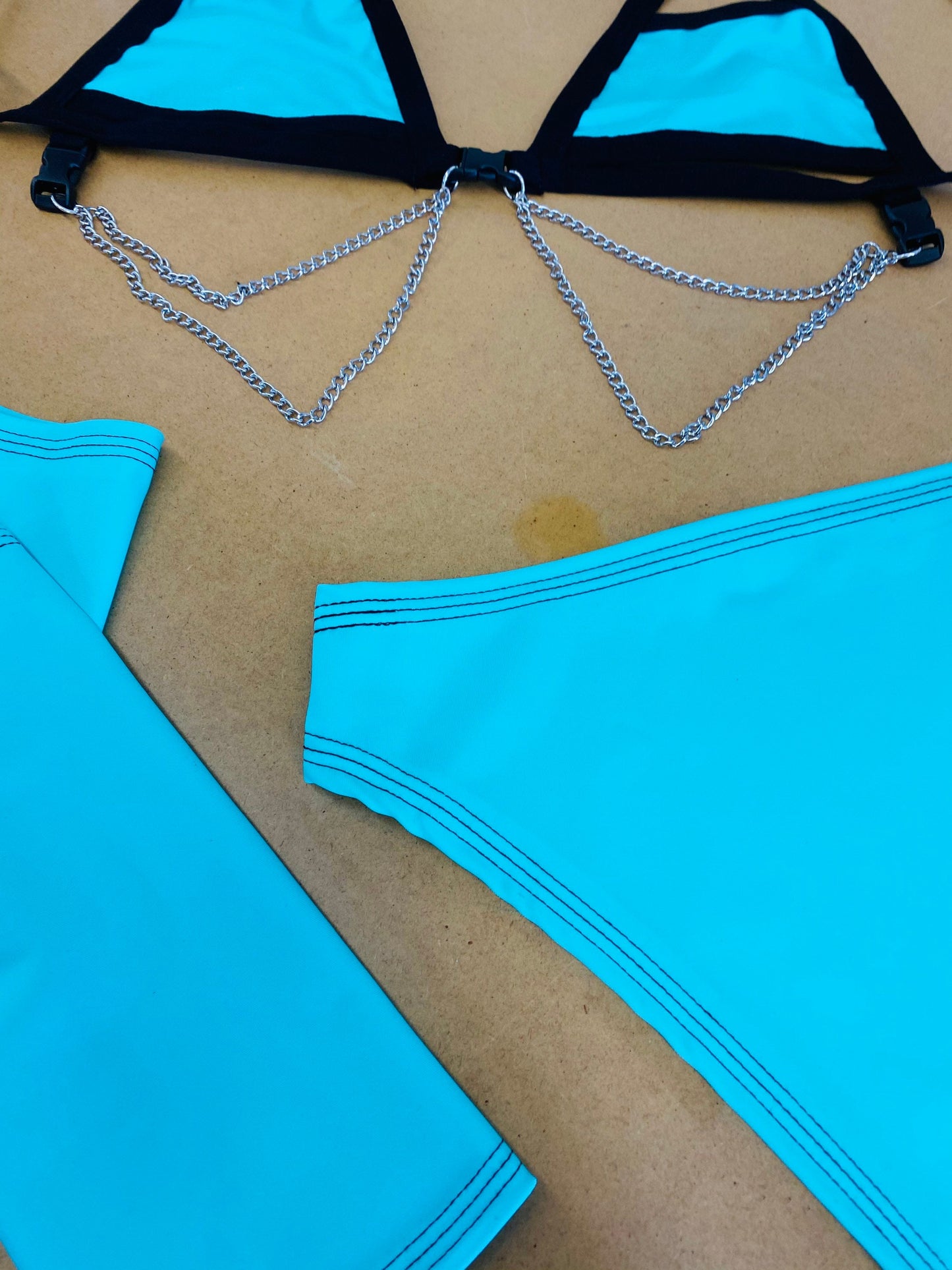 BLUE BASIC B*TCH |  Chain Cage Top + High Waisted High Cut Bottoms + Mask + Gloves, Women's Festival Outfit, Rave Set