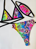 RAINBOW FLOWER | Triangle Top + High Waist High Cut Bottoms + Mask, Women's Festival Outfit, Rave Set