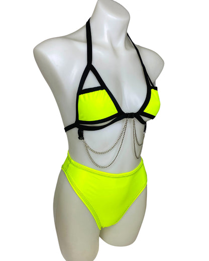 YELLOW BASIC B*TCH | Cage Top + High Waist High Cut Bottoms + Face Mask + Gloves, Women's Festival Outfit, Rave Set