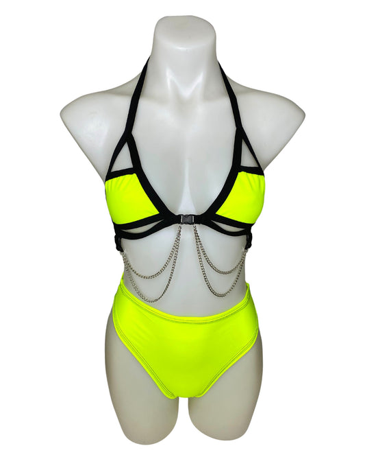 YELLOW BASIC B*TCH | Cage Top + High Waist High Cut Bottoms + Face Mask + Gloves, Women's Festival Outfit, Rave Set