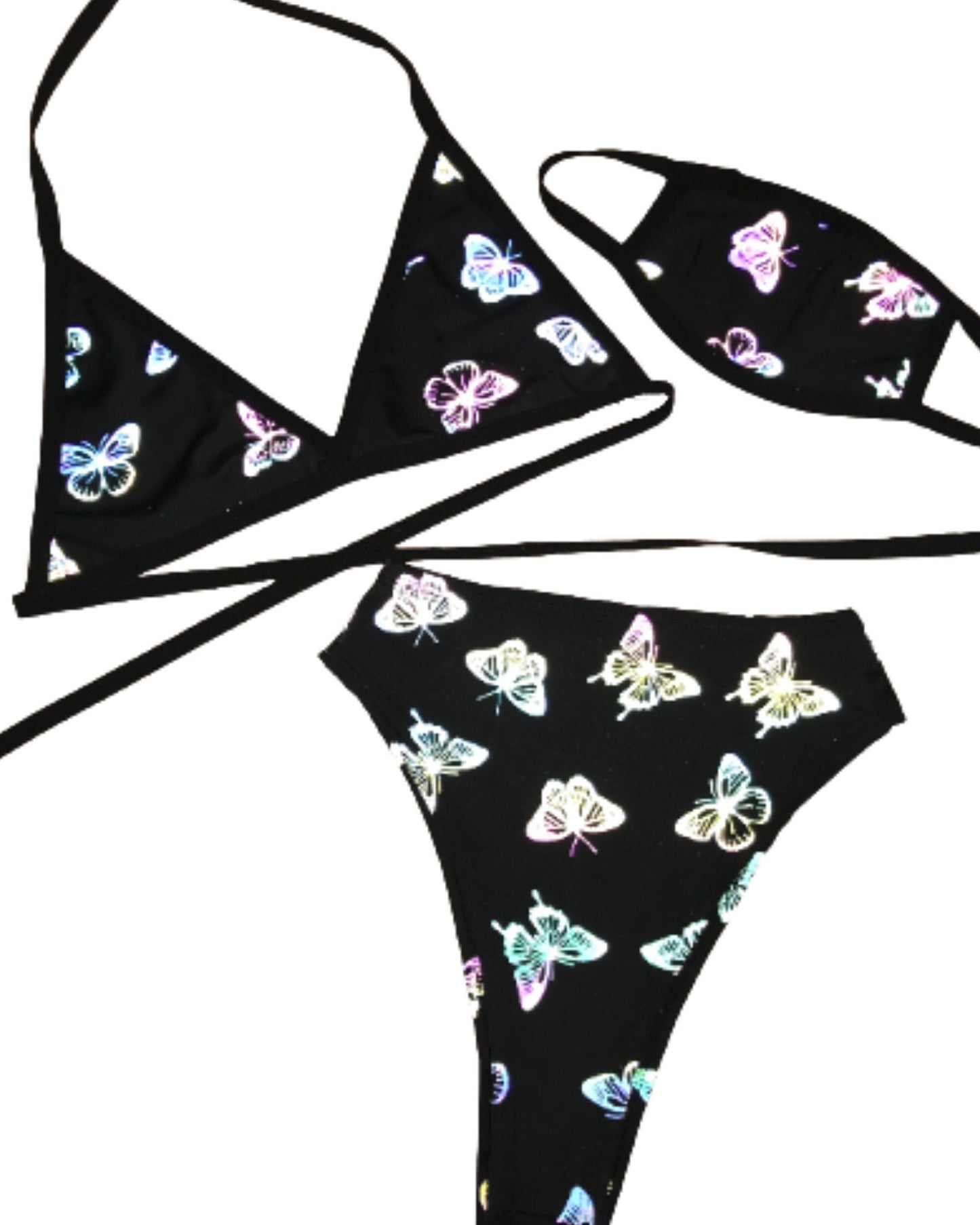 REFLECTIVE BUTTERFLY | Triangle Top + High Waist High Cut Bottoms + Mask, Women's Festival Outfit, Rave Set