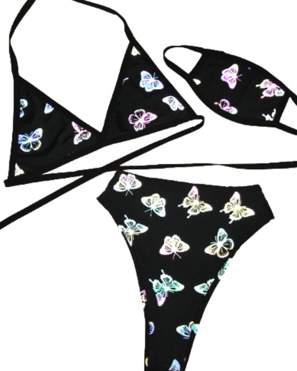 REFLECTIVE BUTTERFLY | Triangle Top + High Waist High Cut Bottoms + Mask, Women's Festival Outfit, Rave Set